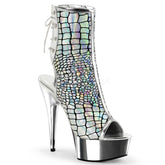 Pleaser DELIGHT-1018HG Silver Hologram Ostrich Pu Open Toe Ankle Boots - Shoecup.com
